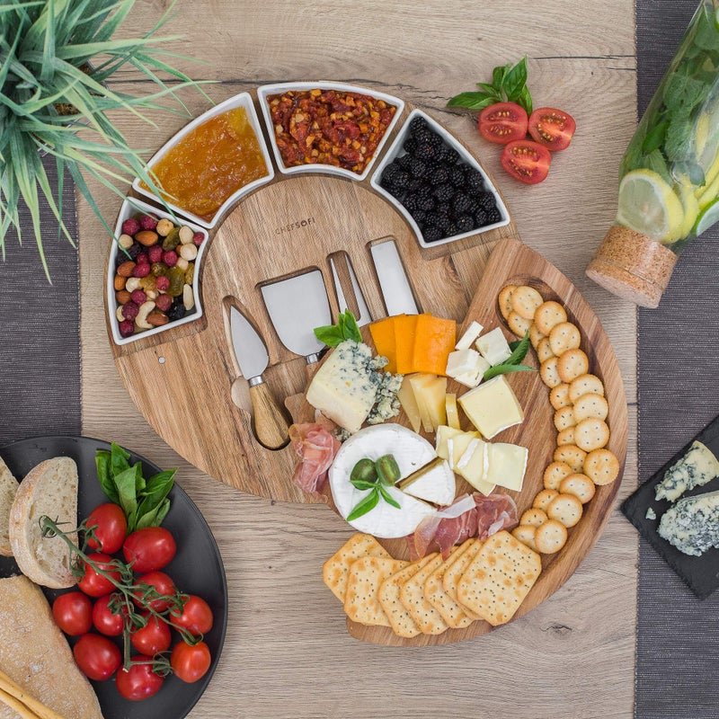 ChefSofi Charcuterie Board Set and Cheese Serving Platter - Made from Acacia Wood - US Patented 13 inch Cheese Board and Knife Set for Entertaining and Serving - 4 Knives and 4 Bowls - Image 5